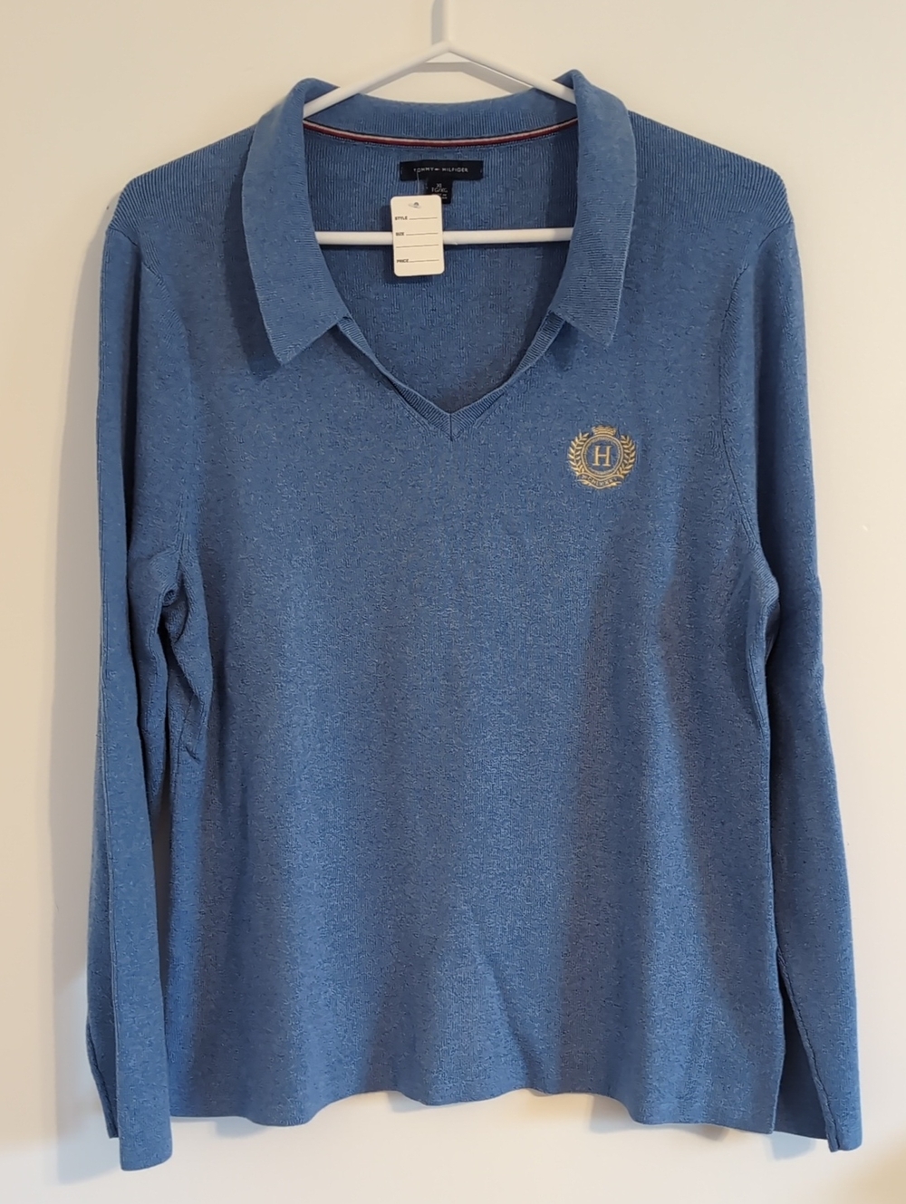 Tommy Hilfiger Blue Collared V-Neck Sweater with Embroidered Crest